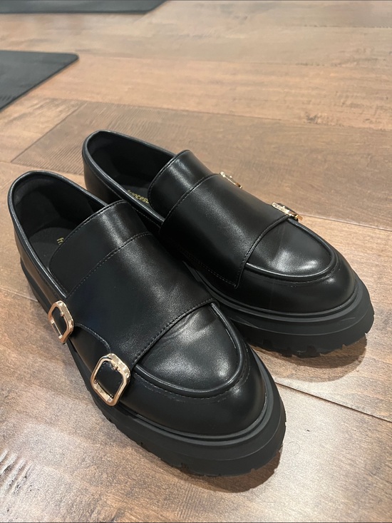 Francesco Milani Shoes - Women's Black Buckle Leather Loafers with Chunky Sole